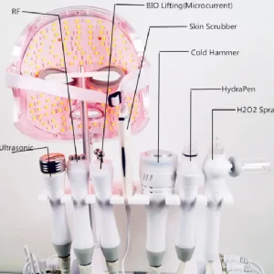 Aparat combina cosmetica 8 in 1 H2O2 cu hydrodermabraziune, jet hidroxigen, radiofrecventa, micro bule indepartare puncte negre, criolift, masca LED